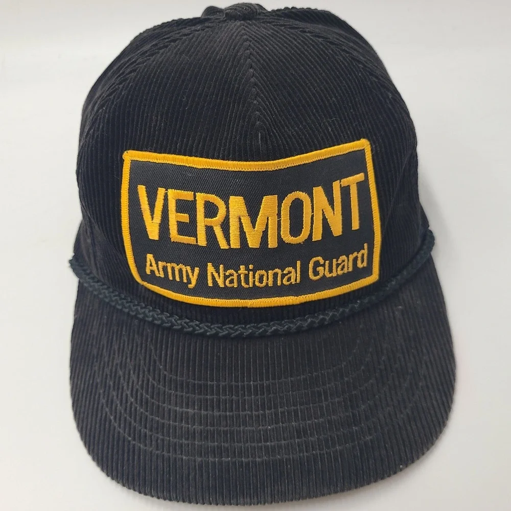 Vintage Vermont Army National Guard Hat Snapback Black Yellow Rope Corduroy Men